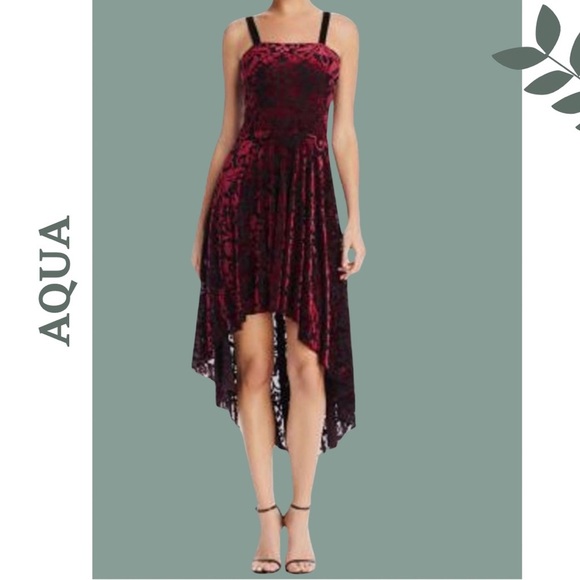Aqua Burnout Velvet Baroque Burgundy Black High Low Lined Dress Stretch Small - Picture 1 of 11